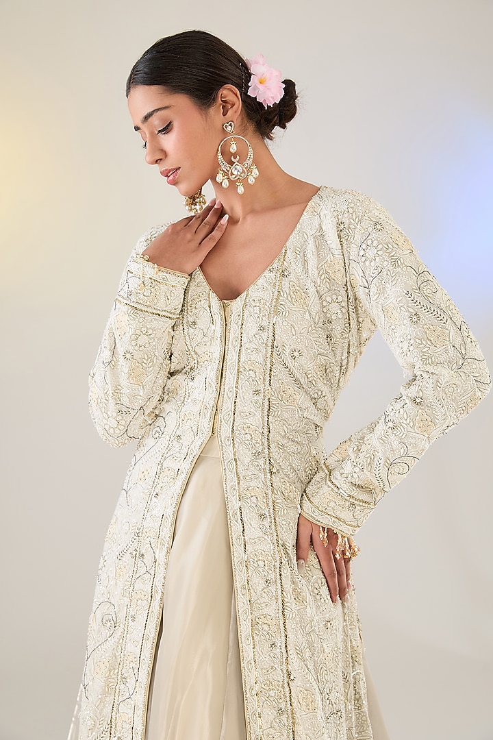 Ivory Pure Georgette Pearl Work Chikankari Jacket Set by Pankaj S Heritage at Pernia's Pop Up Shop