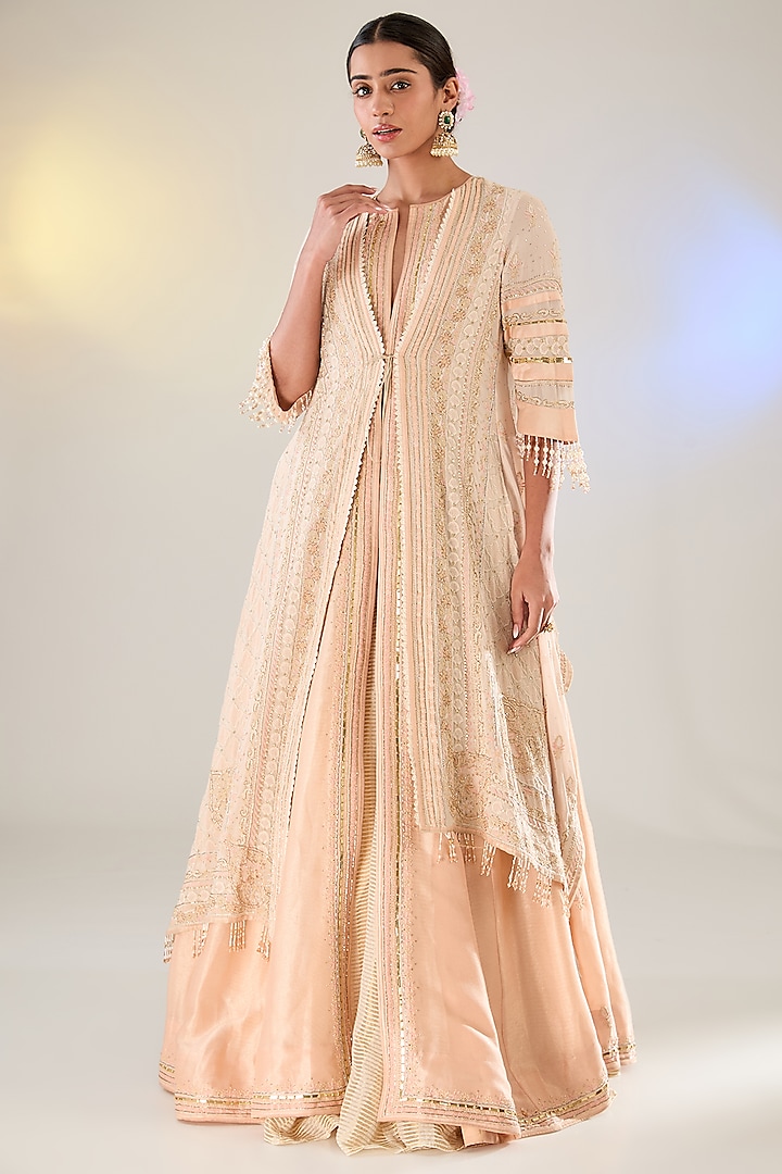 Powder Peach Georgette Swarovski Work Chikankari Layered Jacket Bridal Lehenga Set by Pankaj S Heritage at Pernia's Pop Up Shop