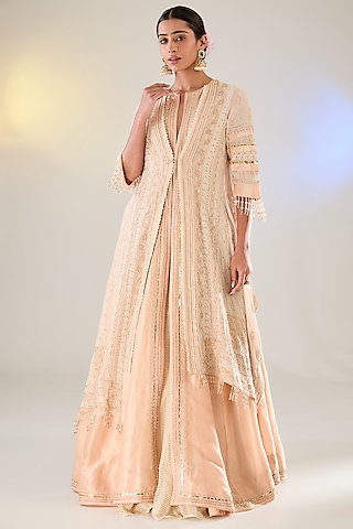 Powder Peach Georgette Swarovski Work Chikankari Layered Jacket Lehenga Set by Pankaj S Heritage
