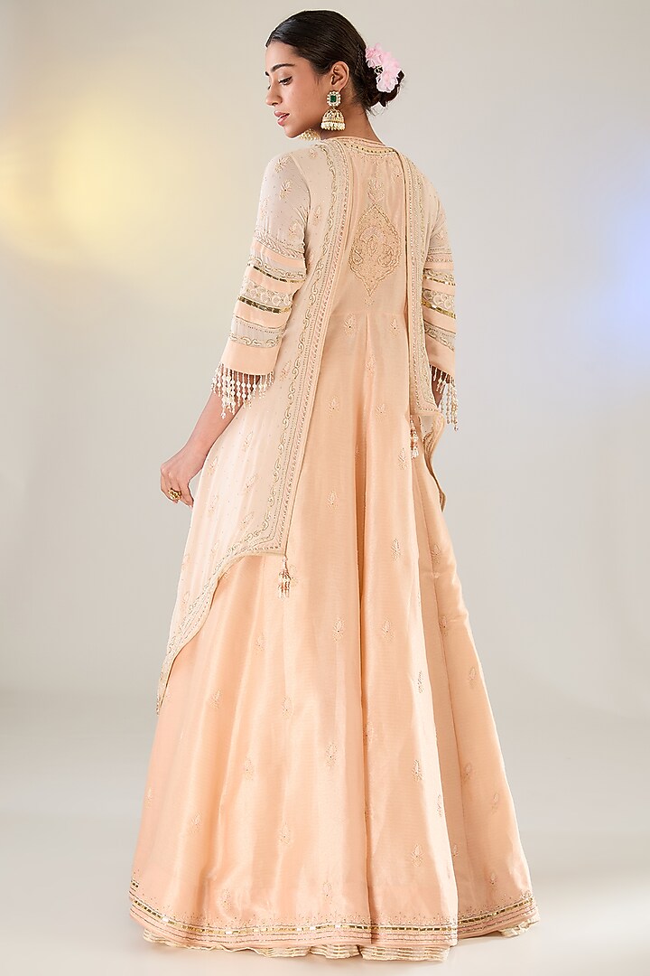 Powder Peach Georgette Swarovski Work Chikankari Layered Jacket Bridal Lehenga Set by Pankaj S Heritage at Pernia's Pop Up Shop