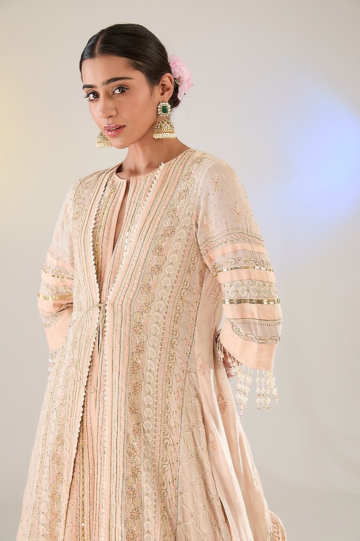 Powder Peach Georgette Swarovski Work Chikankari Layered Jacket Bridal Lehenga Set by Pankaj S Heritage at Pernia's Pop Up Shop