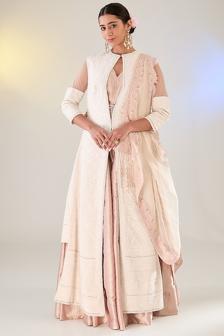 Ivory & Flesh Pink Georgette Embroidered Chikankari Jacket Bridal Lehenga Set  by Pankaj S Heritage at Pernia's Pop Up Shop