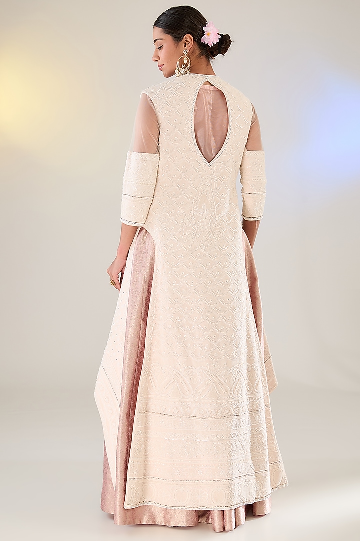 Ivory & Flesh Pink Georgette Embroidered Chikankari Jacket Bridal Lehenga Set  by Pankaj S Heritage at Pernia's Pop Up Shop