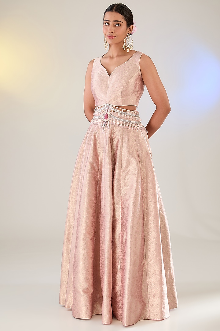 Ivory & Flesh Pink Georgette Embroidered Chikankari Jacket Bridal Lehenga Set  by Pankaj S Heritage at Pernia's Pop Up Shop