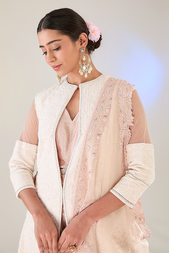 Ivory & Flesh Pink Georgette Embroidered Chikankari Jacket Bridal Lehenga Set  by Pankaj S Heritage at Pernia's Pop Up Shop