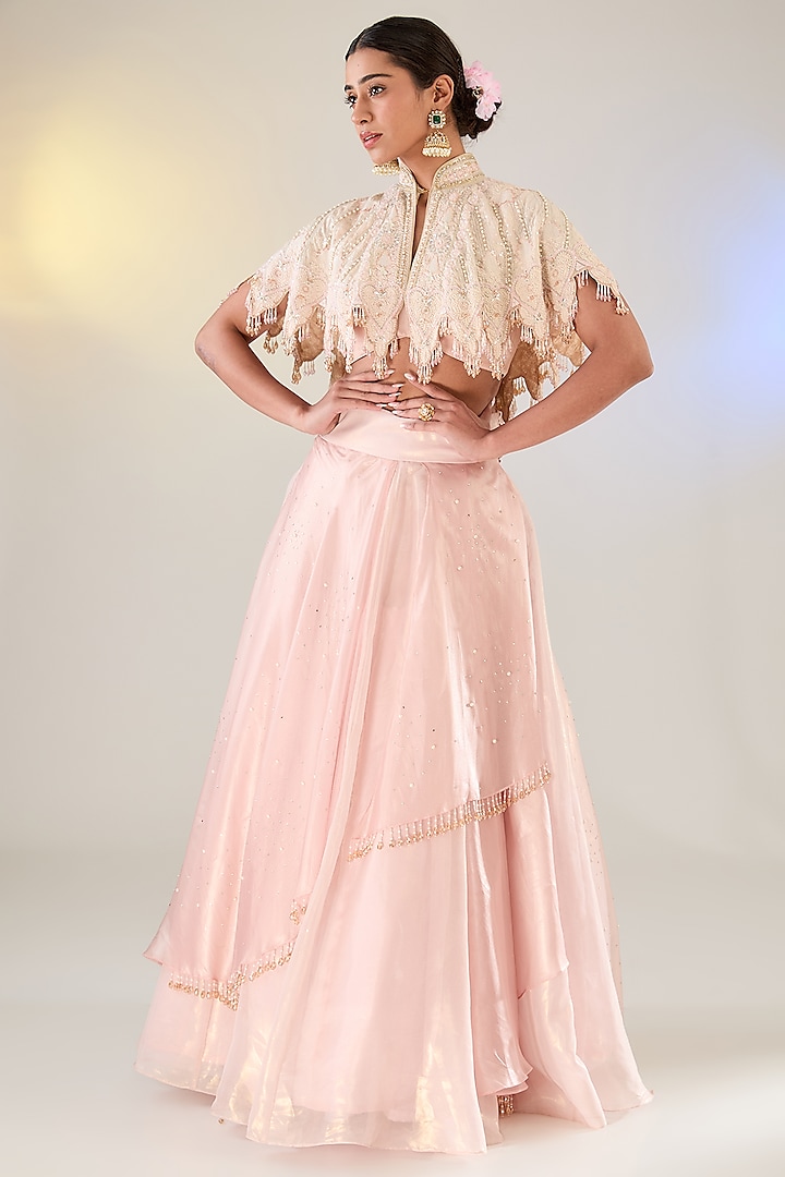 Pink Tissue Draped Layered Bridal Lehenga Set by Pankaj S Heritage at Pernia's Pop Up Shop