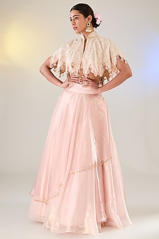 Pink Tissue Draped Layered Lehenga Set by Pankaj S Heritage