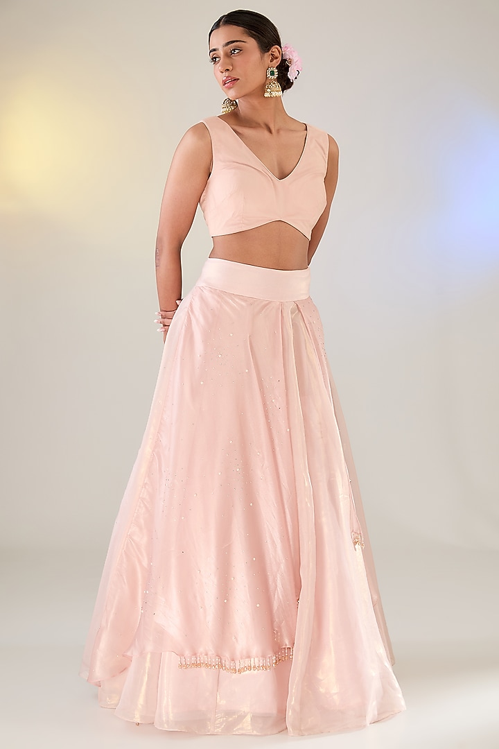 Pink Tissue Draped Layered Bridal Lehenga Set by Pankaj S Heritage at Pernia's Pop Up Shop