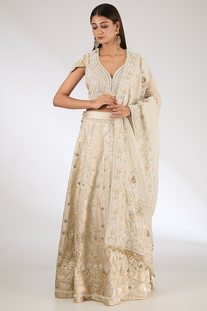 Ivory & Champagne Banarasi Organza Swarovski Embroidered Bridal Lehenga Set by Pankaj S Heritage at Pernia's Pop Up Shop