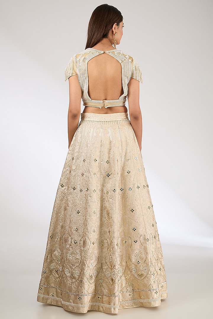 Ivory & Champagne Banarasi Organza Swarovski Embroidered Bridal Lehenga Set by Pankaj S Heritage at Pernia's Pop Up Shop