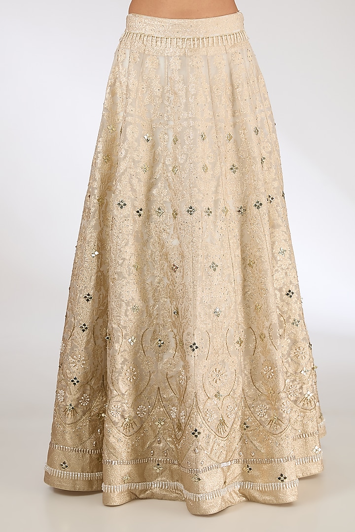 Ivory & Champagne Banarasi Organza Swarovski Embroidered Bridal Lehenga Set by Pankaj S Heritage at Pernia's Pop Up Shop