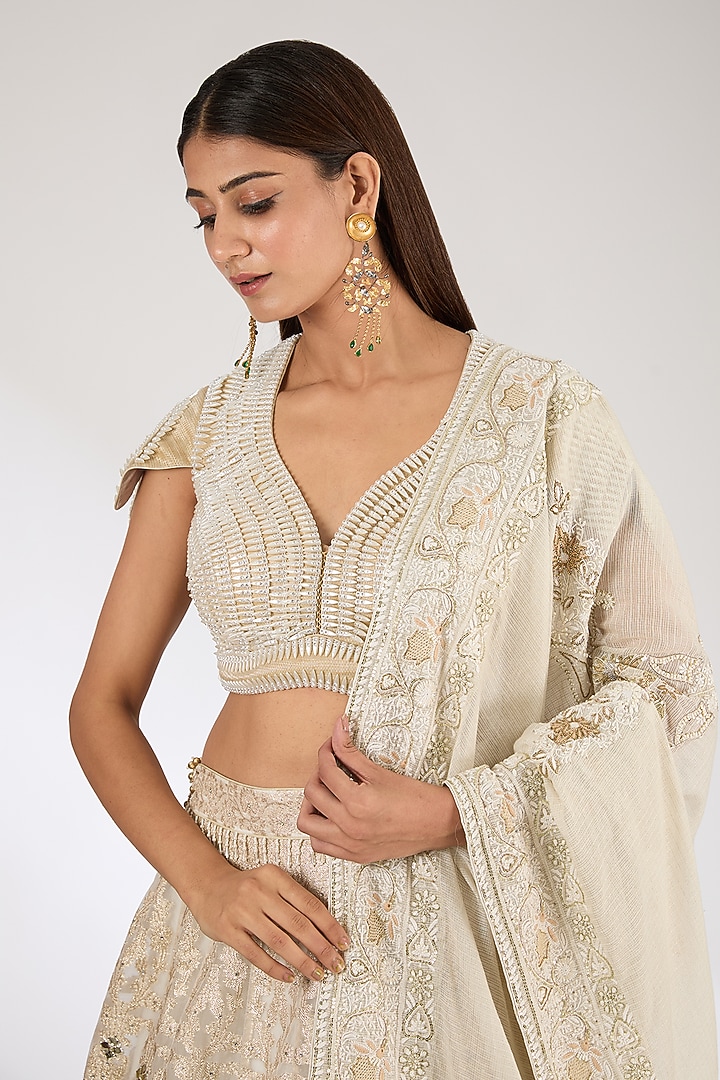 Ivory & Champagne Banarasi Organza Swarovski Embroidered Bridal Lehenga Set by Pankaj S Heritage at Pernia's Pop Up Shop