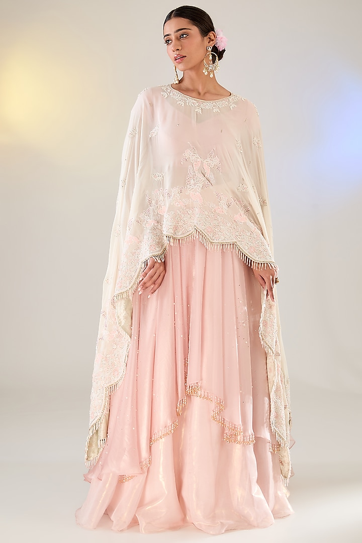 Pink Georgette Pearl Work Chikankari Cape Set by Pankaj S Heritage at Pernia's Pop Up Shop