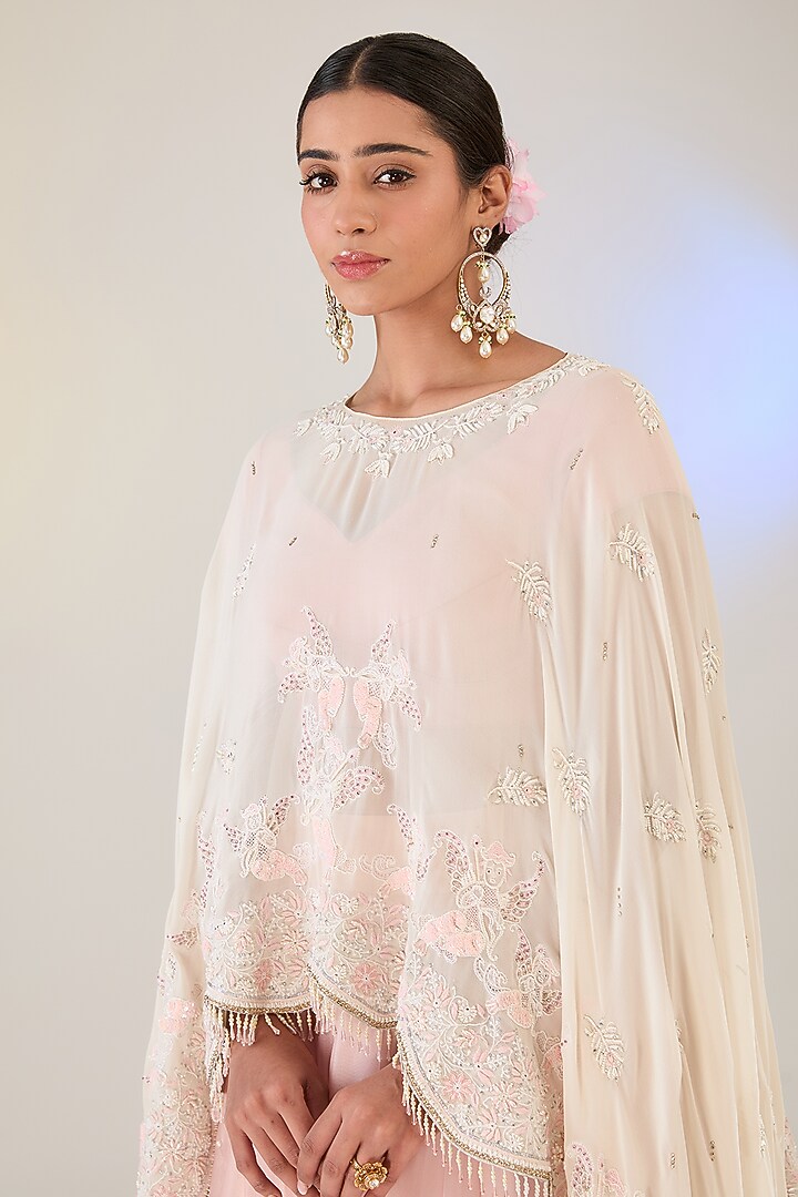 Pink Georgette Pearl Work Chikankari Cape Set by Pankaj S Heritage at Pernia's Pop Up Shop