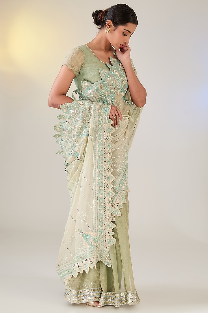 Jade Green Georgette Swarovski Work Chikankari Concept Saree Set by Pankaj S Heritage at Pernia's Pop Up Shop