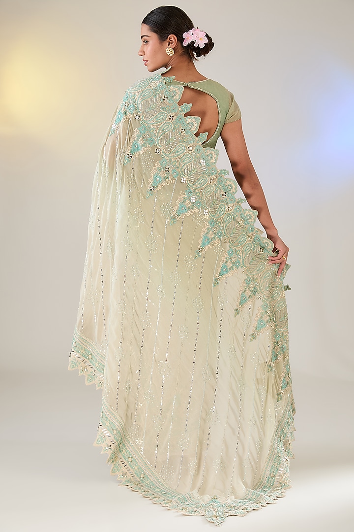 Jade Green Georgette Swarovski Work Chikankari Concept Reception Saree Set by Pankaj S Heritage at Pernia's Pop Up Shop