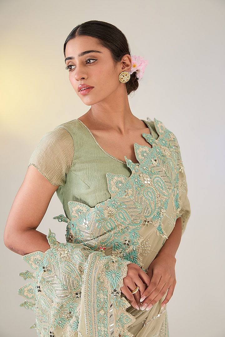 Jade Green Georgette Swarovski Work Chikankari Concept Reception Saree Set by Pankaj S Heritage at Pernia's Pop Up Shop
