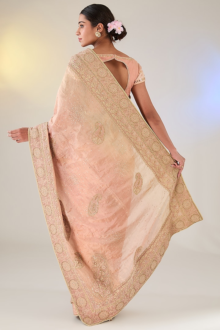 Blush Pink Georgette Tissue Swarovski Work Bridal Saree Set by Pankaj S Heritage at Pernia's Pop Up Shop