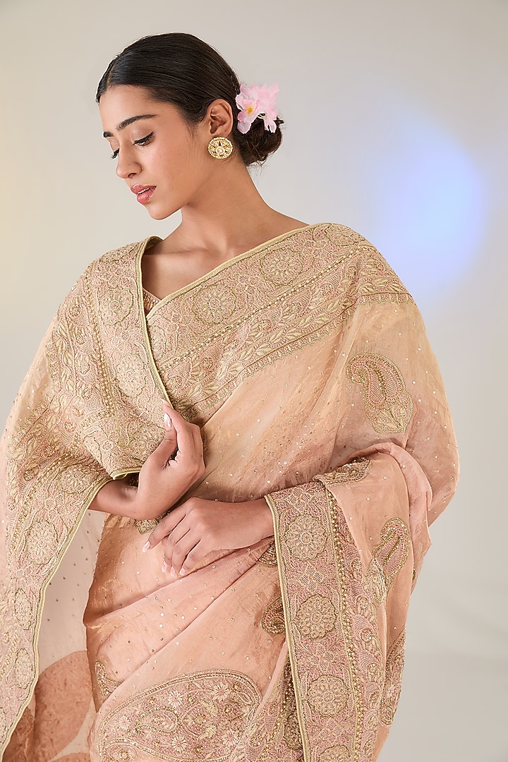 Blush Pink Georgette Tissue Swarovski Work Bridal Saree Set by Pankaj S Heritage at Pernia's Pop Up Shop