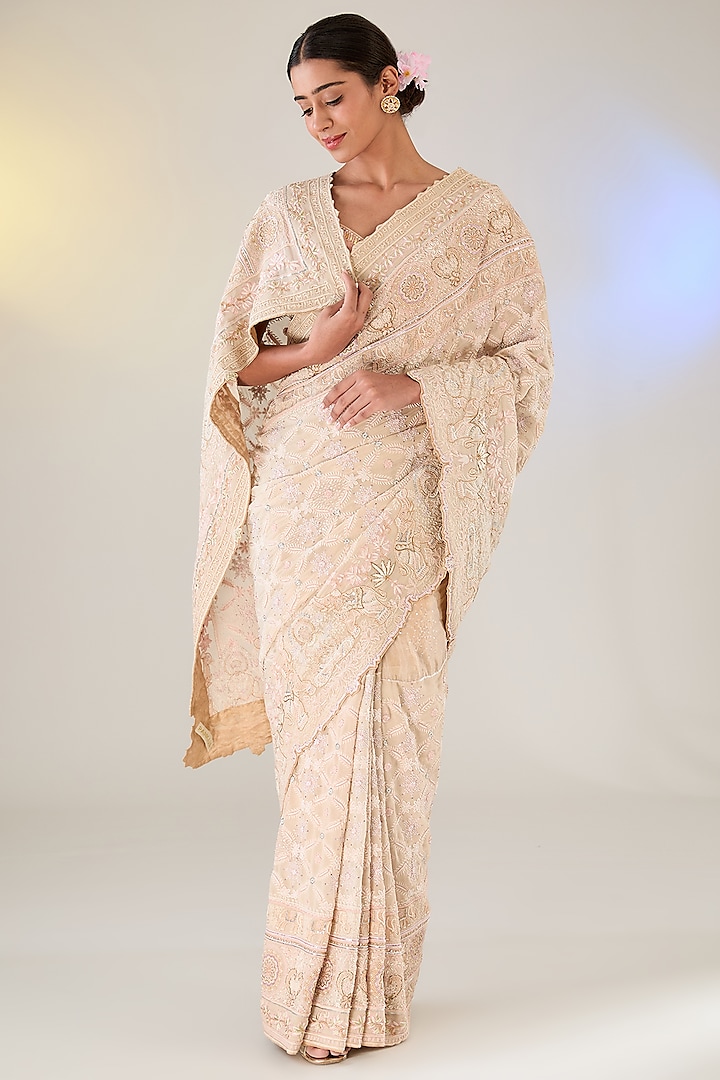 Ivory Georgette Swarovski Work Saree Set by Pankaj S Heritage