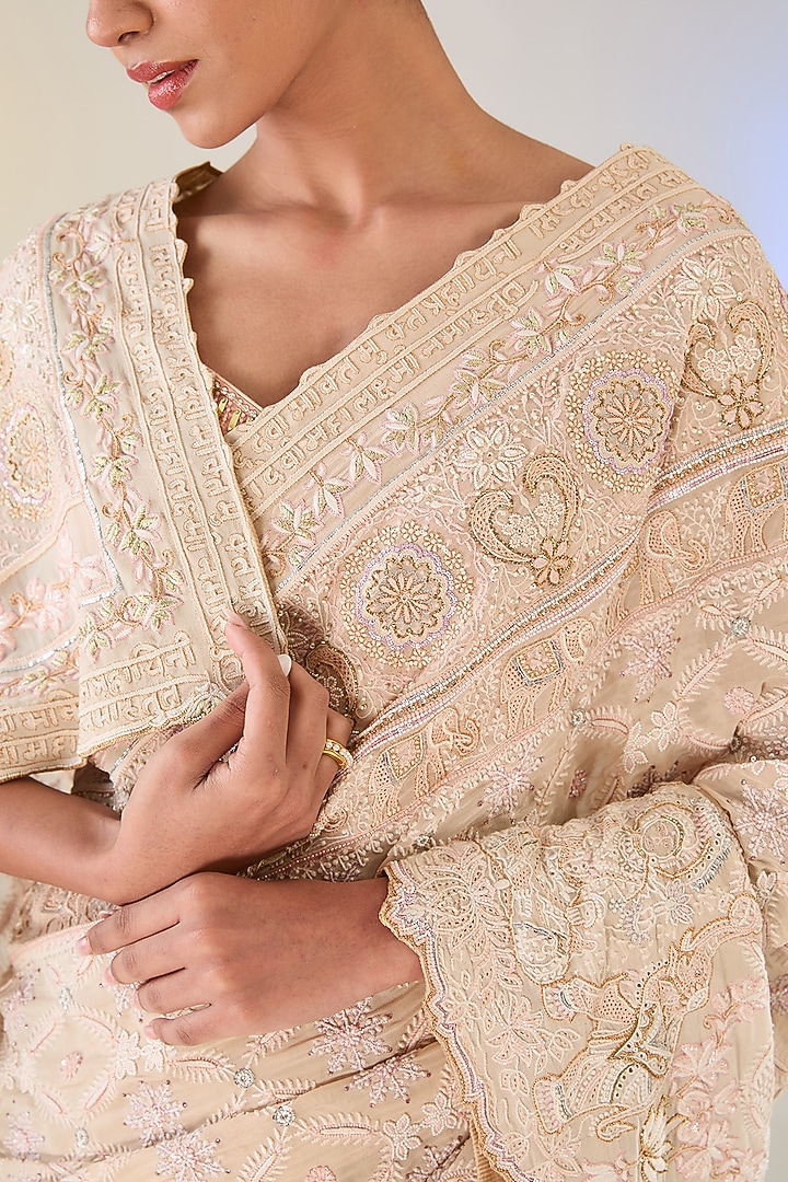 Ivory Georgette Swarovski Work Bridal Saree Set by Pankaj S Heritage at Pernia's Pop Up Shop