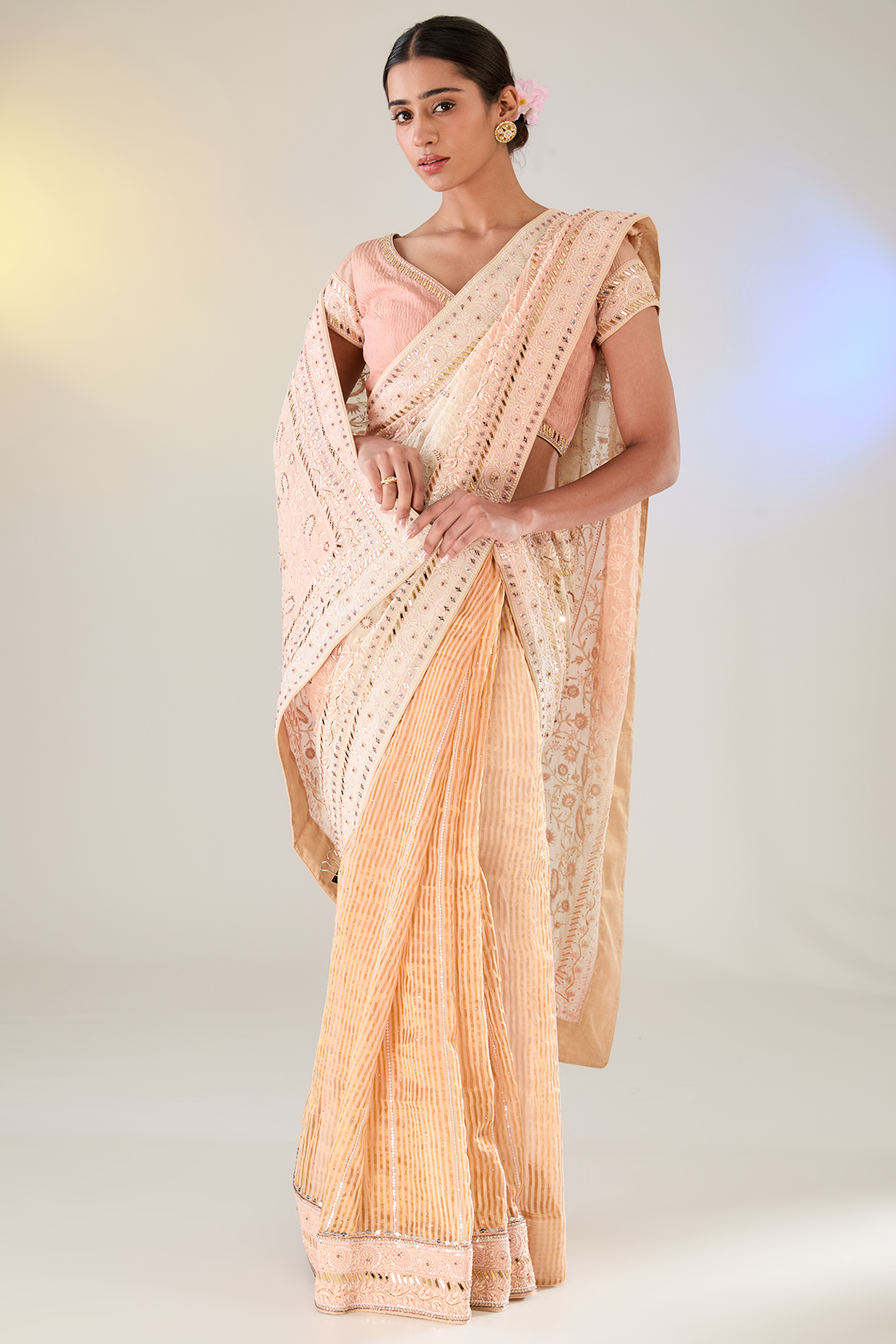 Powder Peach & Blush Pink Georgette Pearl Work Saree Set by Powder Peach & Blush Pink Georgette Pearl Work Saree Set by