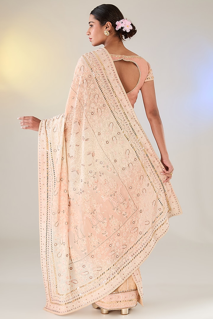 Powder Peach & Blush Pink Georgette Pearl Work Bridal Saree Set by Pankaj S Heritage at Pernia's Pop Up Shop
