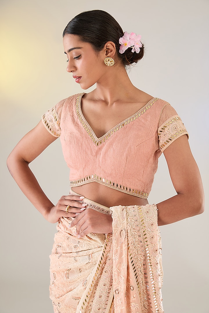 Powder Peach & Blush Pink Georgette Pearl Work Bridal Saree Set by Pankaj S Heritage at Pernia's Pop Up Shop