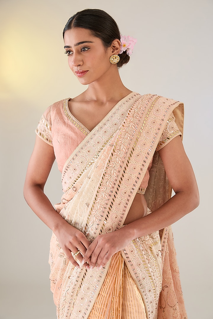 Powder Peach & Blush Pink Georgette Pearl Work Bridal Saree Set by Pankaj S Heritage at Pernia's Pop Up Shop