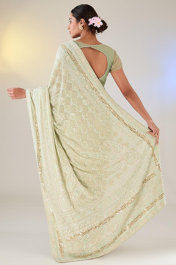 Mint Green Georgette Cutdana Work Chikankari Bridal Saree Set by Pankaj S Heritage at Pernia's Pop Up Shop
