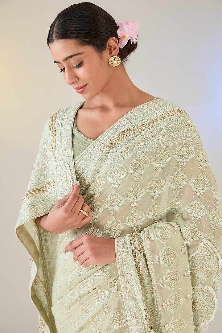 Mint Green Georgette Cutdana Work Chikankari Bridal Saree Set by Pankaj S Heritage at Pernia's Pop Up Shop