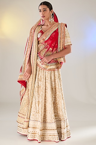 Ivory Muga Silk Gota Work Chikankari Lehenga Set by Pankaj S Heritage