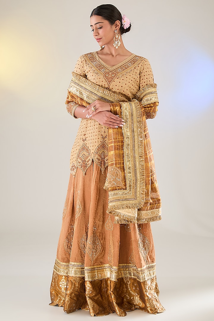 Beige & Brown Banarasi Tissue Chikankari Sharara Set by Pankaj S Heritage at Pernia's Pop Up Shop