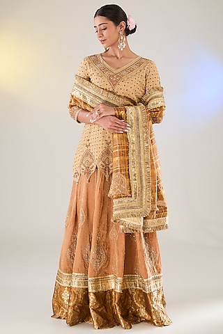 Beige & Brown Banarasi Tissue Chikankari Sharara Set by Pankaj S Heritage