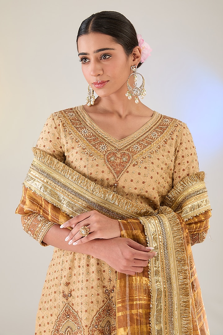 Beige & Brown Banarasi Tissue Chikankari Bridal Sharara Set by Pankaj S Heritage at Pernia's Pop Up Shop