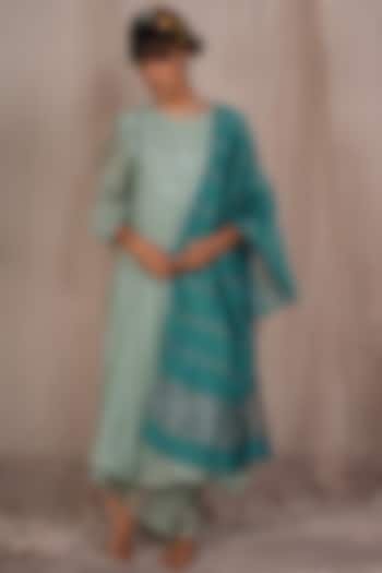 Aqua Chanderi Mul Embroidered Kurta Set by Pants and Pajamas