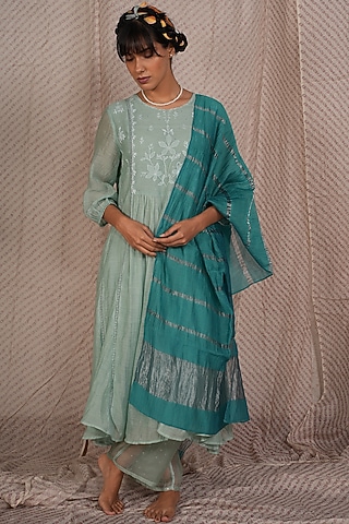 Aqua Chanderi Mul Embroidered Kurta Set by Pants and Pajamas