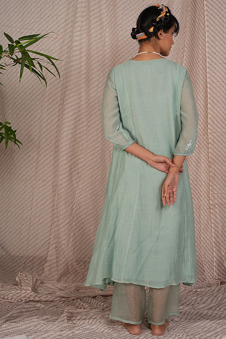 Aqua Chanderi Mul Embroidered Kurta Set by Pants and Pajamas at Pernia's Pop Up Shop