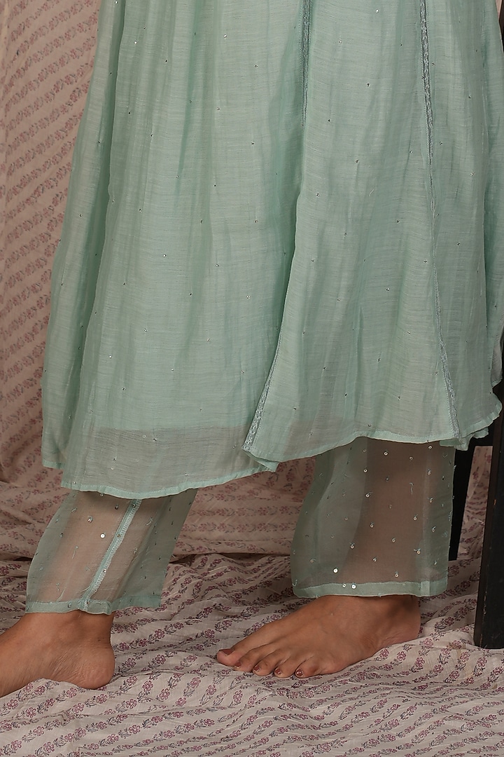 Aqua Chanderi Mul Embroidered Kurta Set by Pants and Pajamas at Pernia's Pop Up Shop