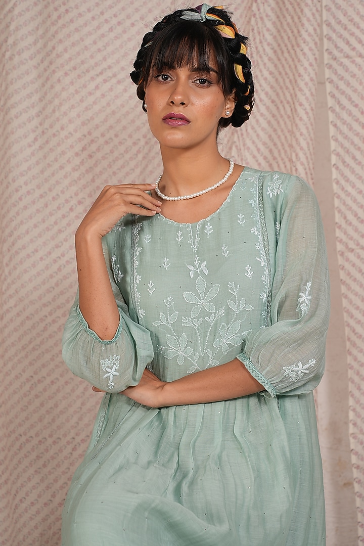 Aqua Chanderi Mul Embroidered Kurta Set by Pants and Pajamas at Pernia's Pop Up Shop
