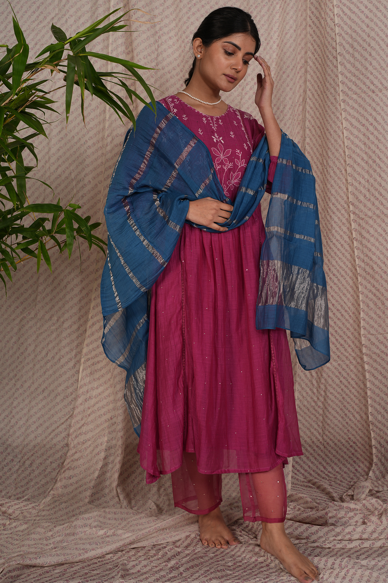 Berry Chanderi Mul Embroidered Kurta Set by Pants and Pajamas