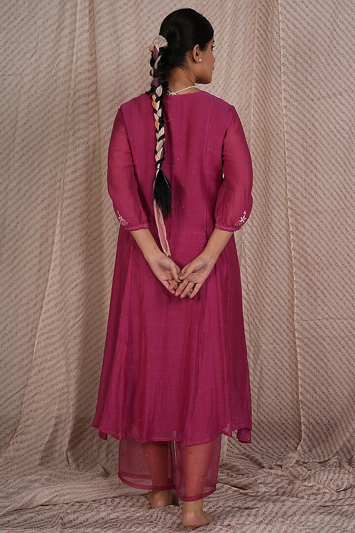 Berry Chanderi Mul Embroidered Kurta Set by Pants and Pajamas at Pernia's Pop Up Shop