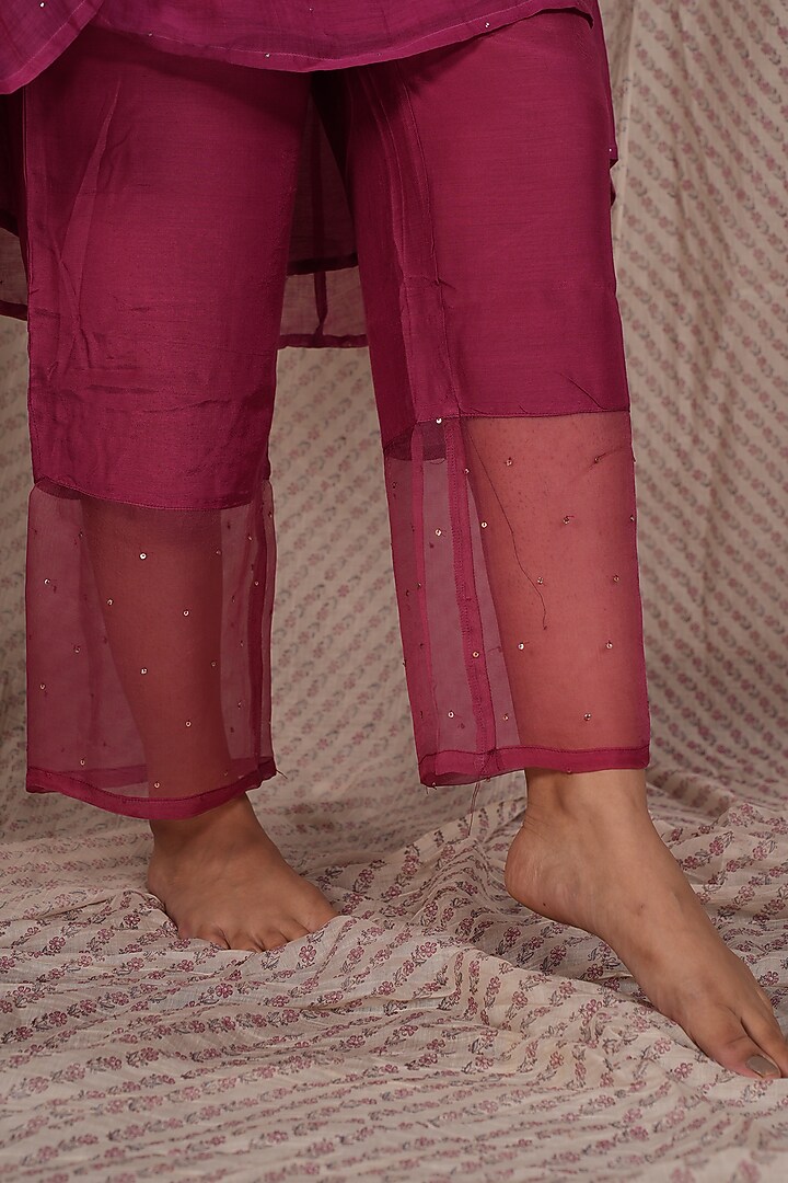 Berry Chanderi Mul Embroidered Kurta Set by Pants and Pajamas at Pernia's Pop Up Shop