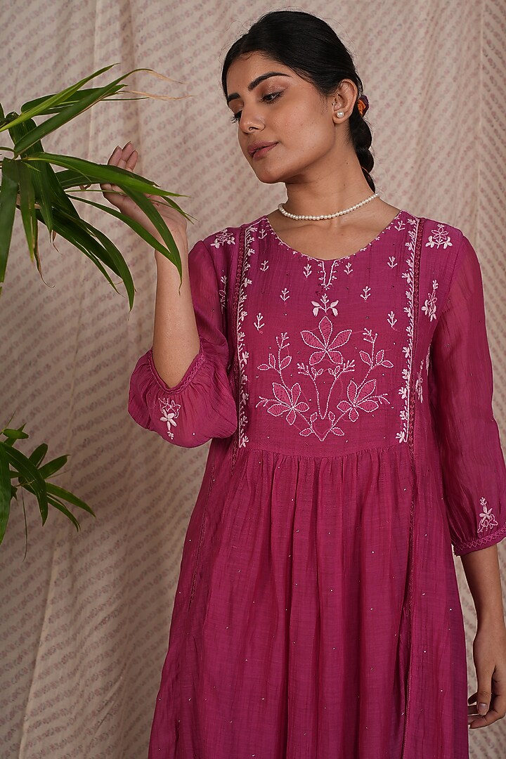 Berry Chanderi Mul Embroidered Kurta Set by Pants and Pajamas at Pernia's Pop Up Shop