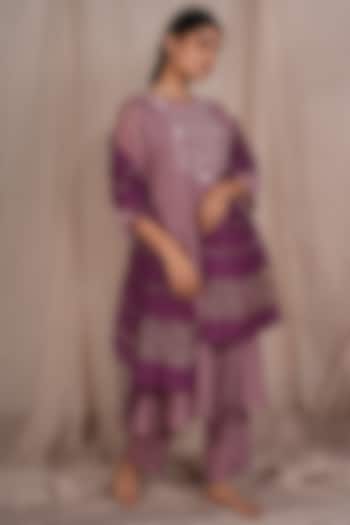 Lilac Chanderi Mul Embroidered Kurta Set by Pants and Pajamas