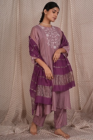 Lilac Chanderi Mul Embroidered Kurta Set by Pants and Pajamas