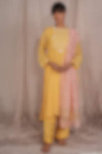 Yellow Chanderi Mul Embroidered Kurta Set by Pants and Pajamas