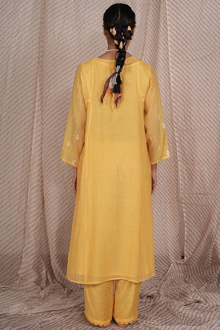 Yellow Chanderi Mul Embroidered Kurta Set by Pants and Pajamas at Pernia's Pop Up Shop