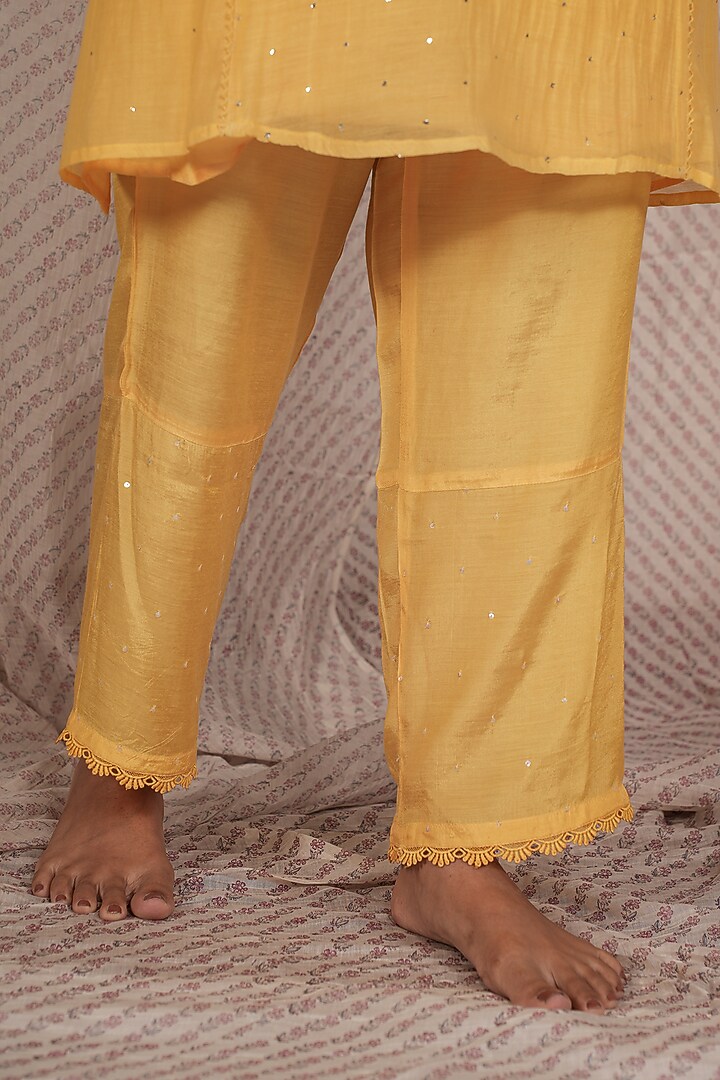 Yellow Chanderi Mul Embroidered Kurta Set by Pants and Pajamas at Pernia's Pop Up Shop