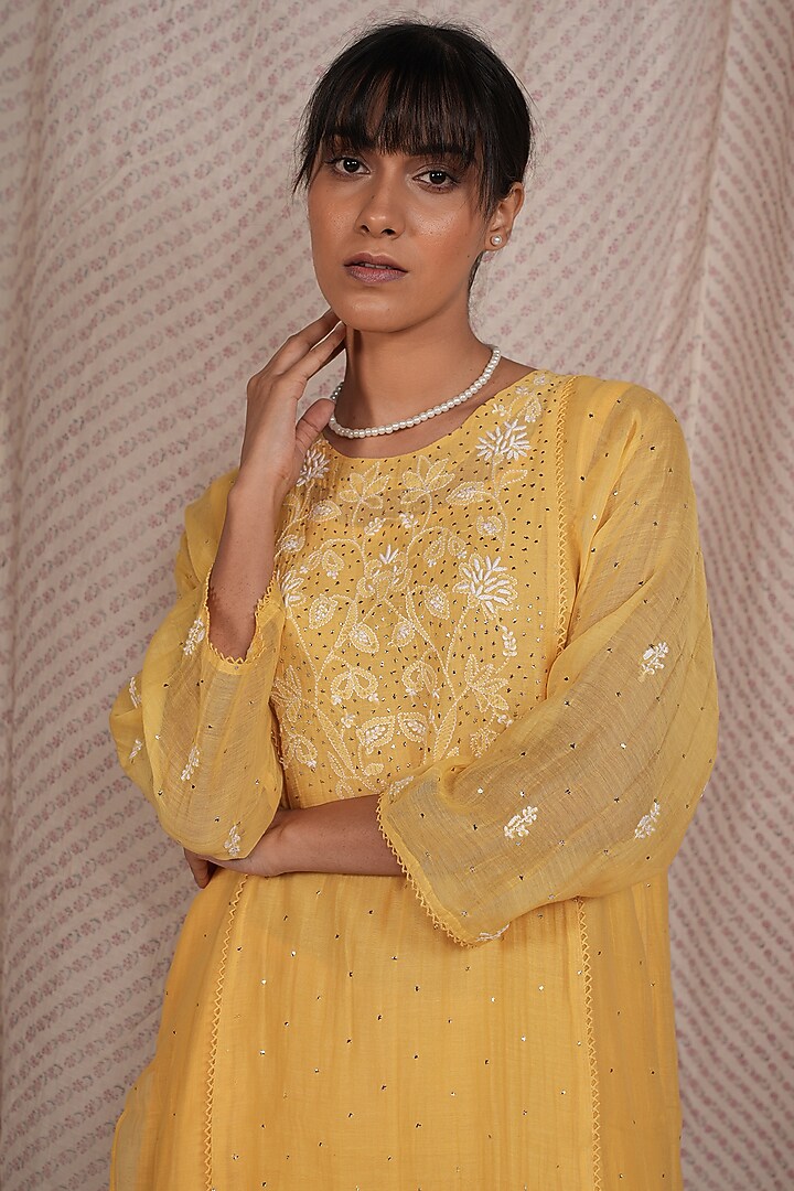 Yellow Chanderi Mul Embroidered Kurta Set by Pants and Pajamas at Pernia's Pop Up Shop